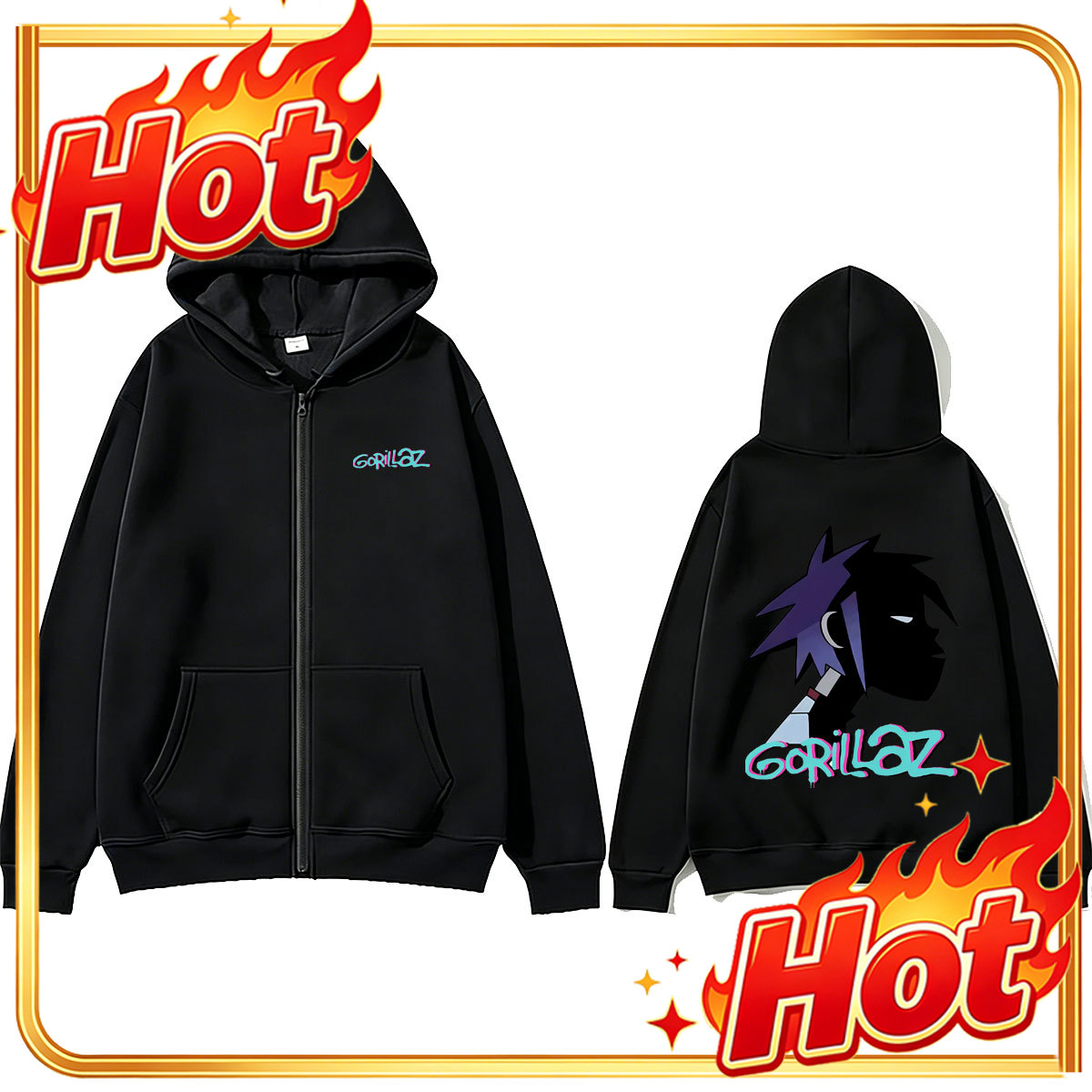 Mens Fashion Zip Up Hoodies - Rock grubu Gorillaz temalı, fermuarlı kapüşonlu