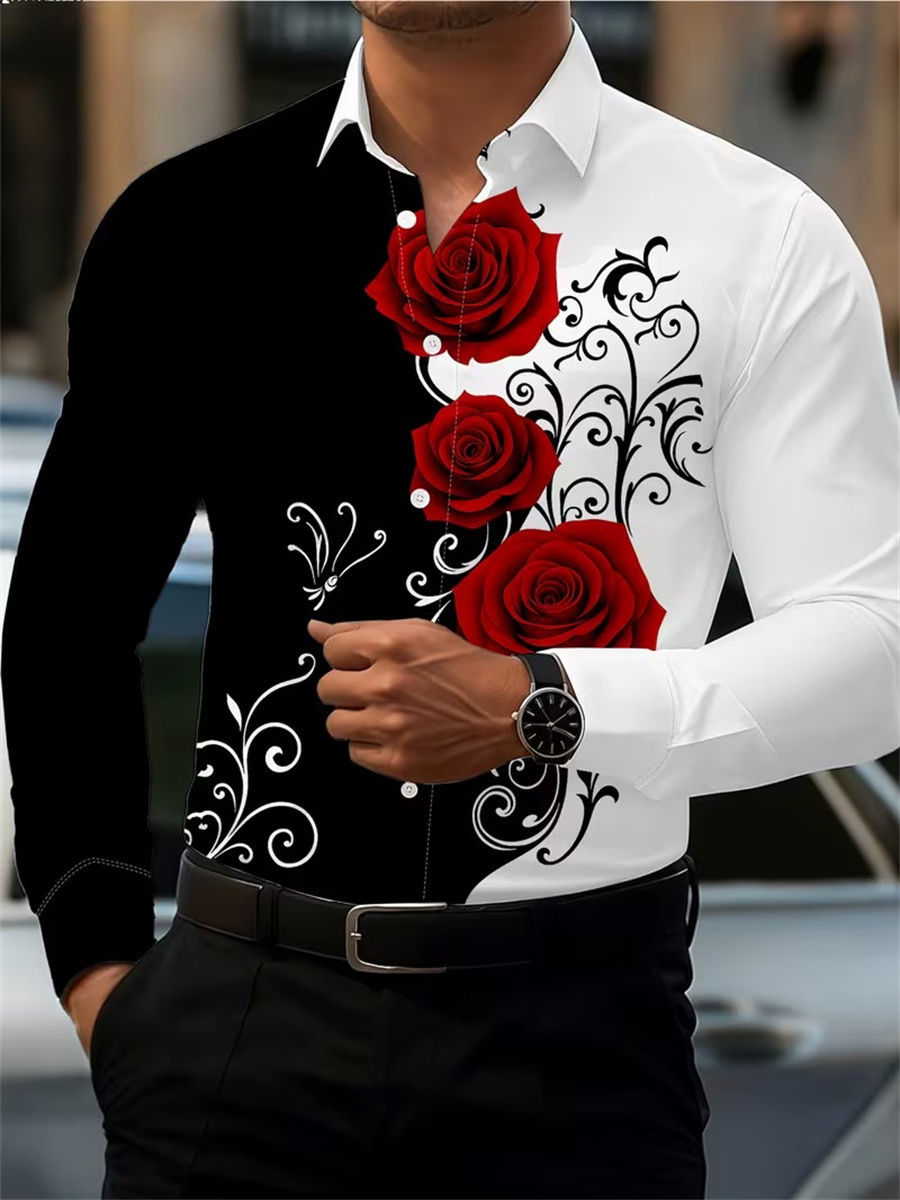 Mens Fashion Clothes - Erkek Kırmızı Gül Baskılı Uzun Kollu